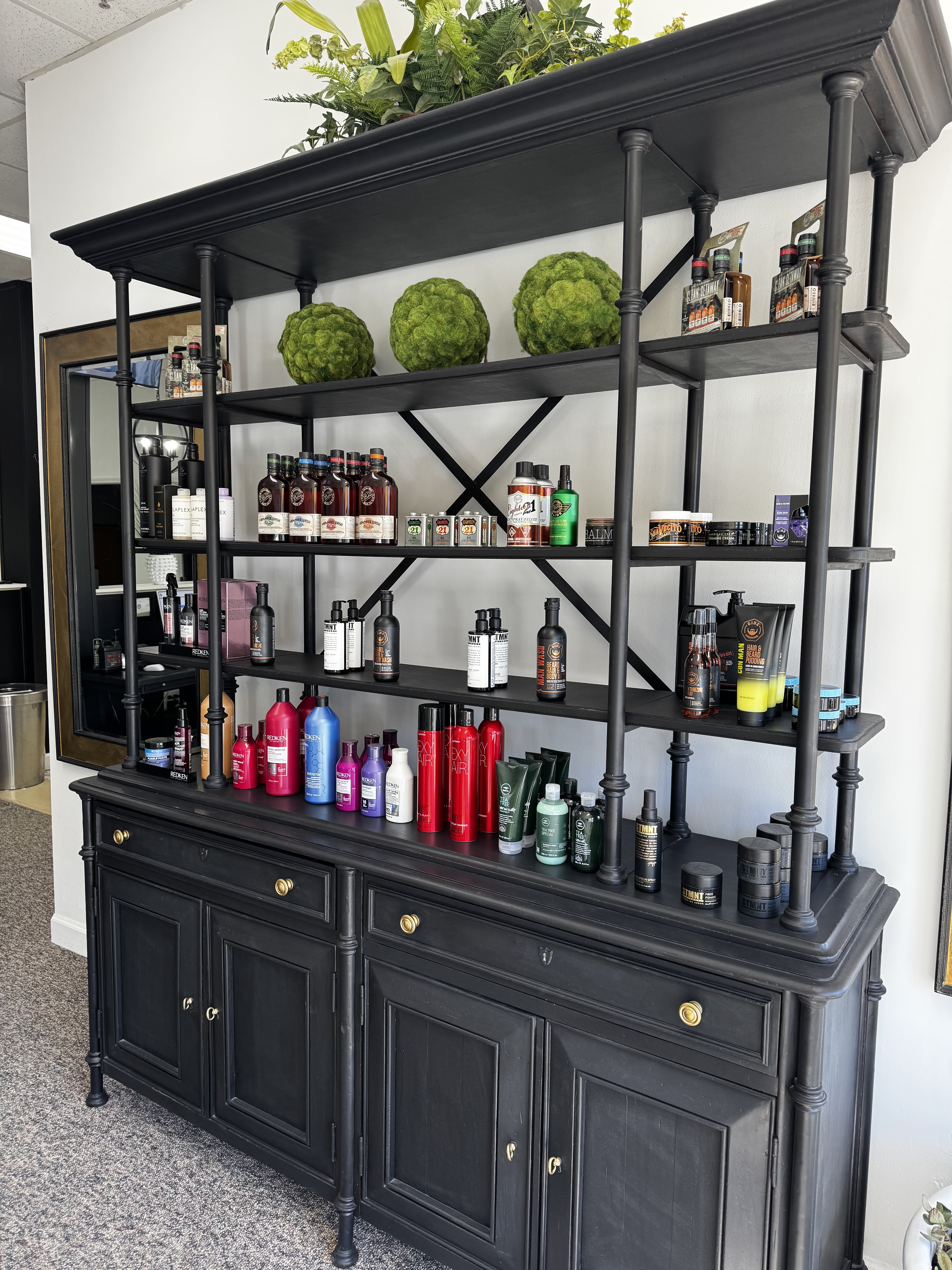 Retail shelving with salon hair products